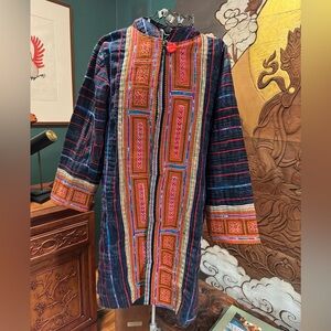 Thai Hmong Indigo Mandarin Collar Hand Embroidered Tunic Jacket
